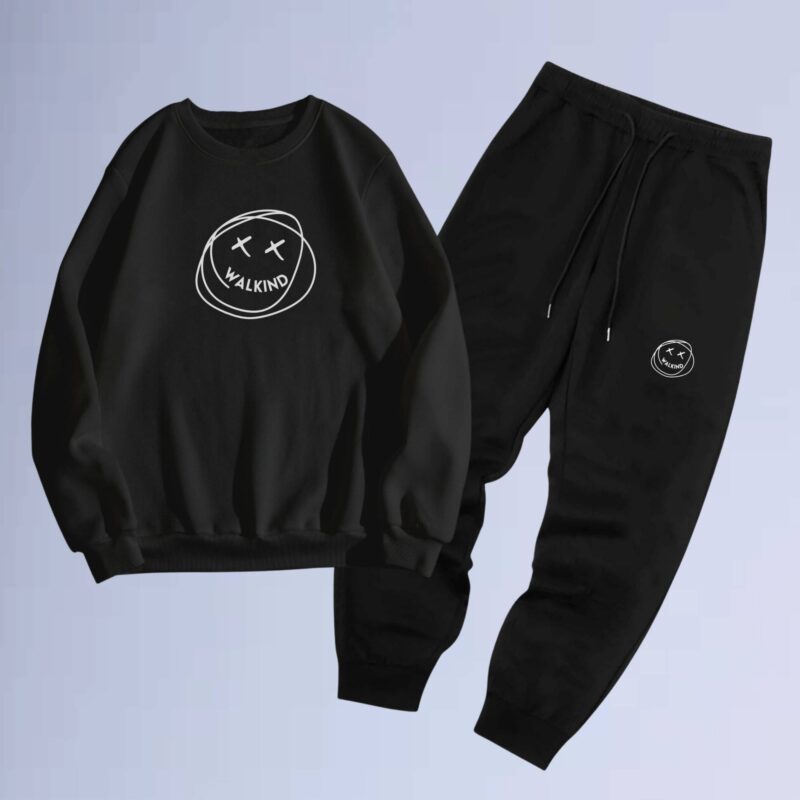 Preto — Conjunto de moletom gola careca smilie