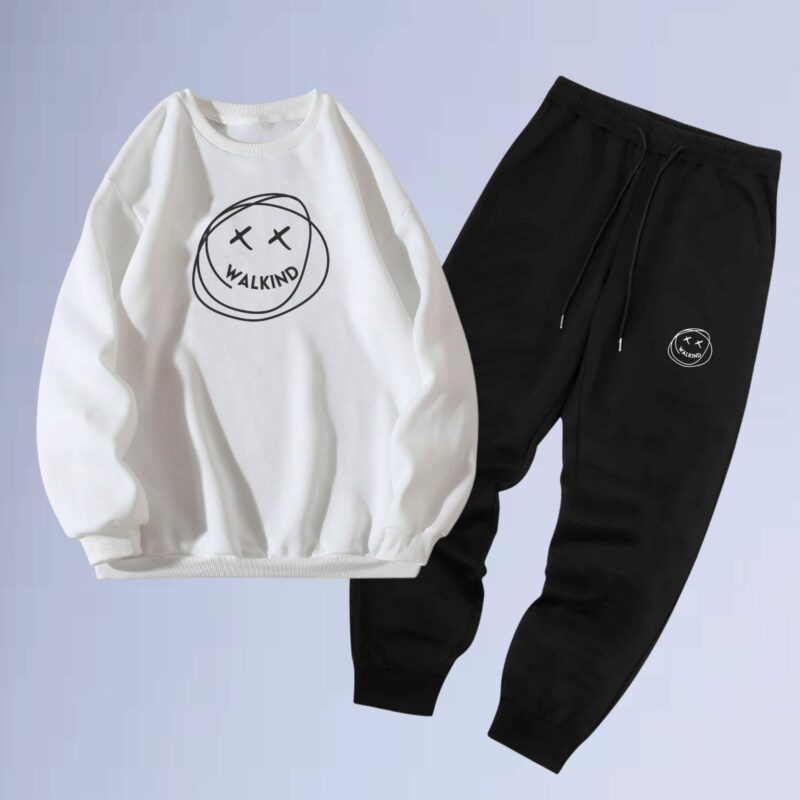 Branco — Conjunto de moletom gola careca smilie
