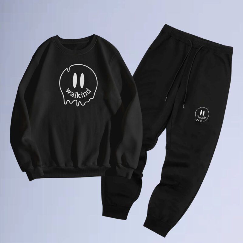 Preto — Conjunto de moletom gola careca smilie melt