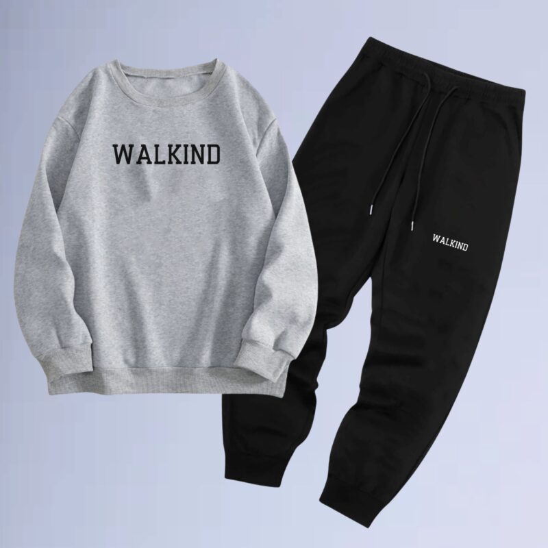 Cinza Mescla — Conjunto de moletom gola careca walkind logon