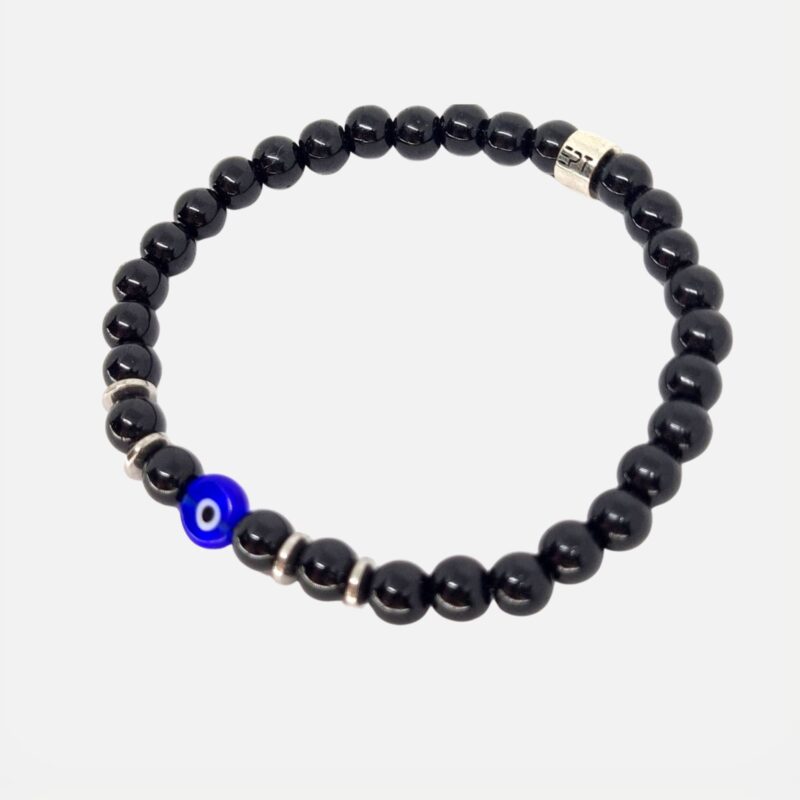 Preto — Pulseira Olho Grego com Pedras Pretas Proteção e Estilo Unissex